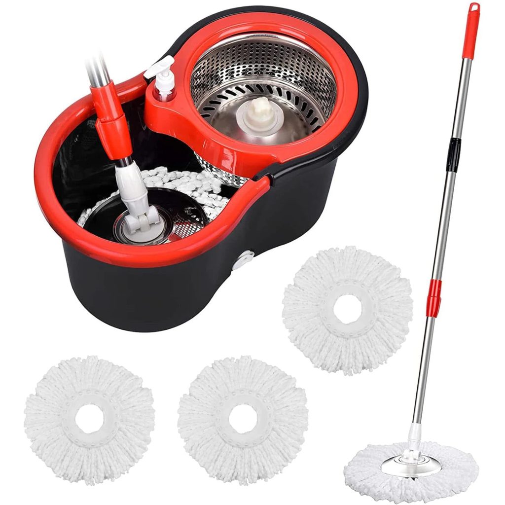 360° Spin Mop Bucket Sets with Wring System in 3 Microfiber Heads, Stainless Steel Basket 61&quote; Extended Handle Floor Cleaning