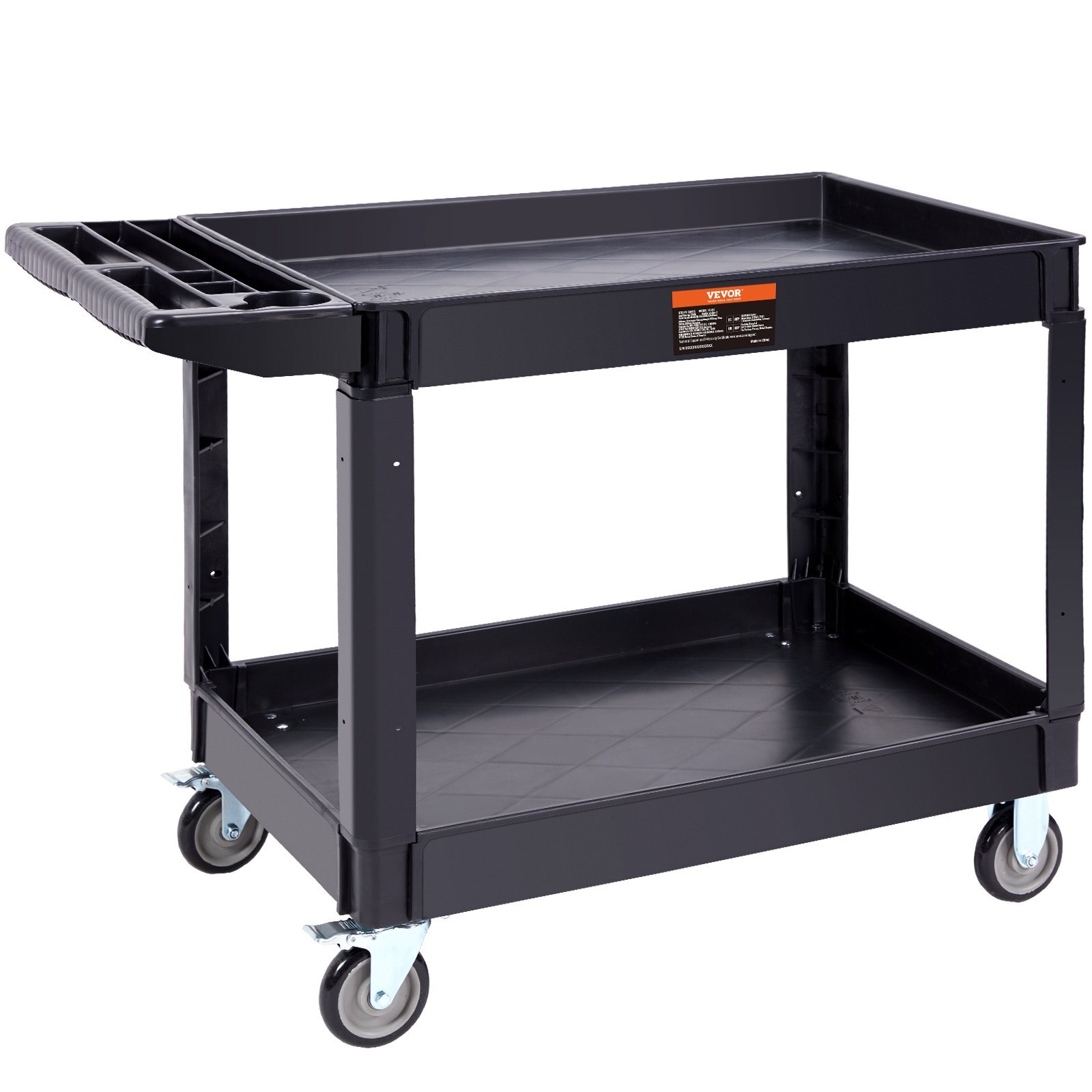 Utility Service Cart, 2 Shelf 550LBS Heavy Duty Plastic Rolling Utility Cart with 360?&deg; Swivel Wheels (2 with Brakes), Large Lipped Shelf, Ergonomic Storage Handle for Warehouse/Garage/Cleaning